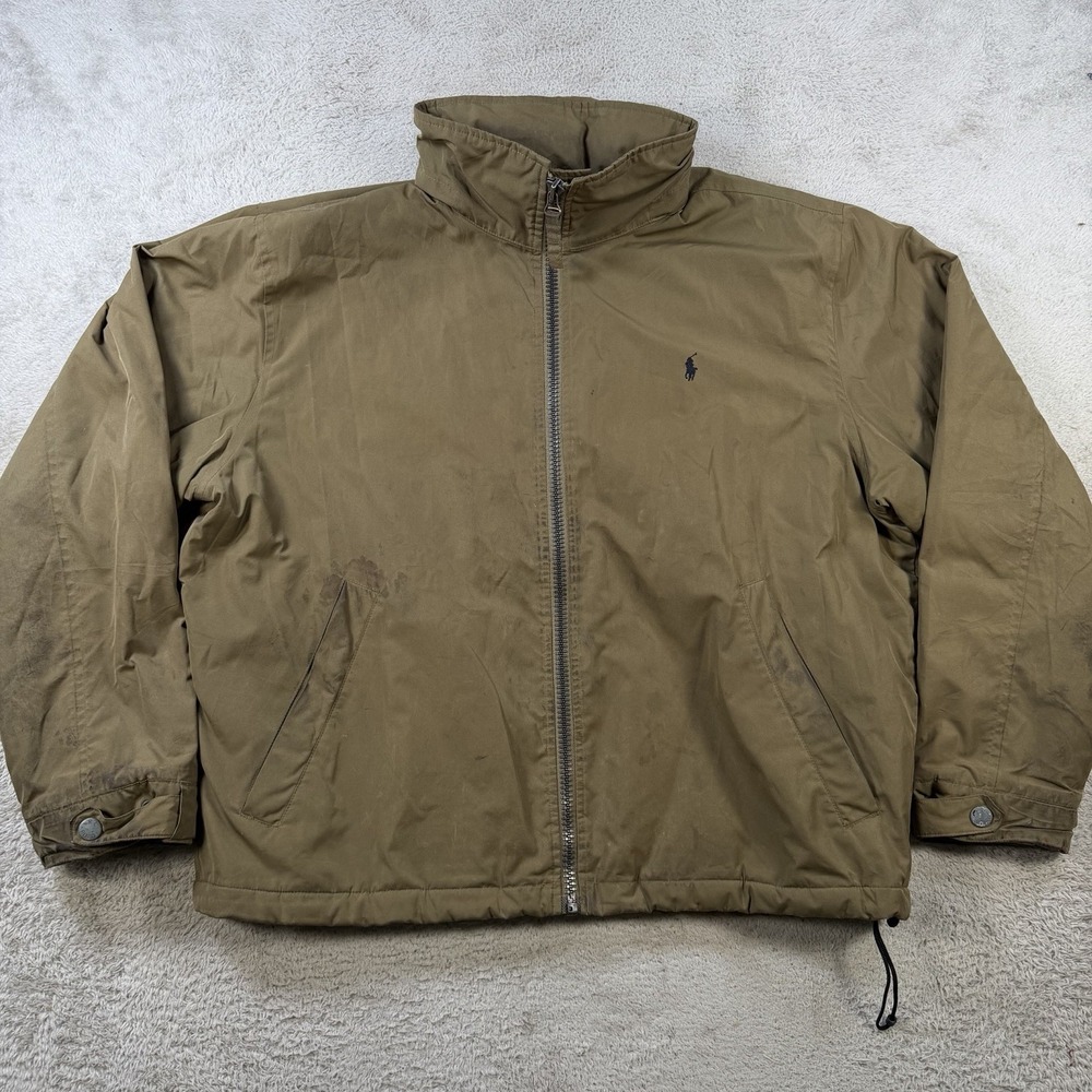 Vintage Polo Ralph Lauren Jacket Mens XL Khaki Fleece Lined Hidden Hood Zip Pony